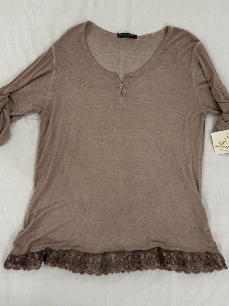 Nwt Luna Taupe Knit Lace Hem Roll Tab Sleeve Top Made In Italy Size Medium — image 5 of 8